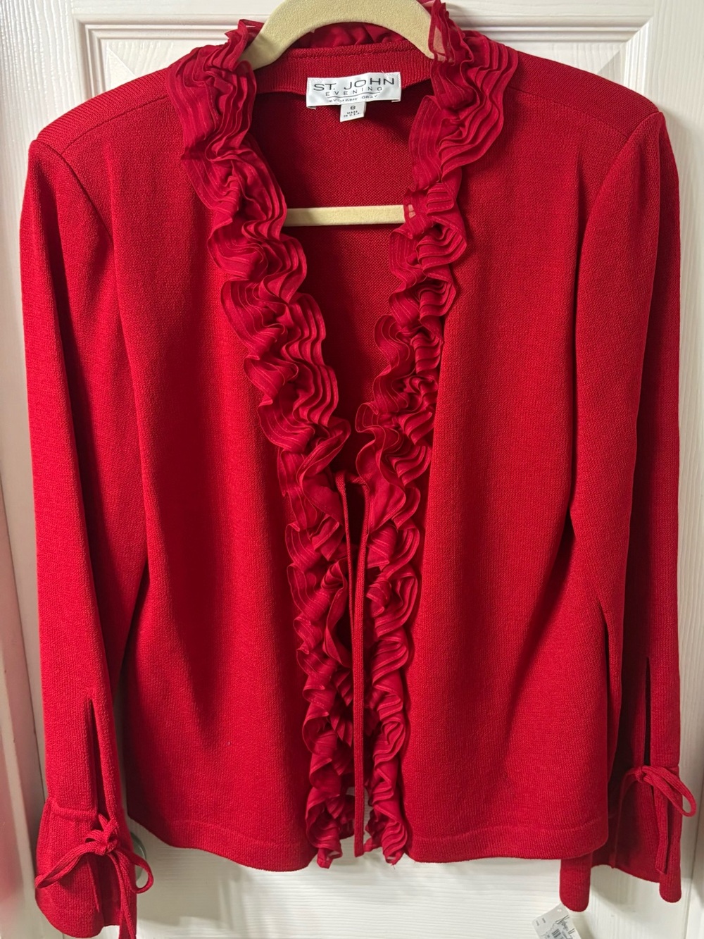 NWT ST JOHN EVENING Red knit Jacket w ruffles, tie front & tied gathered sleeves